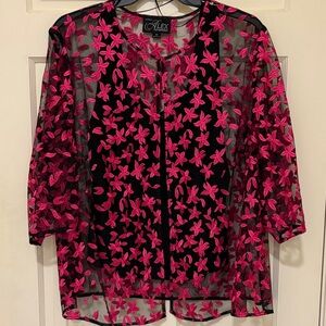 Alex Evenings Black and Pink Floral Sheer Top with Shell